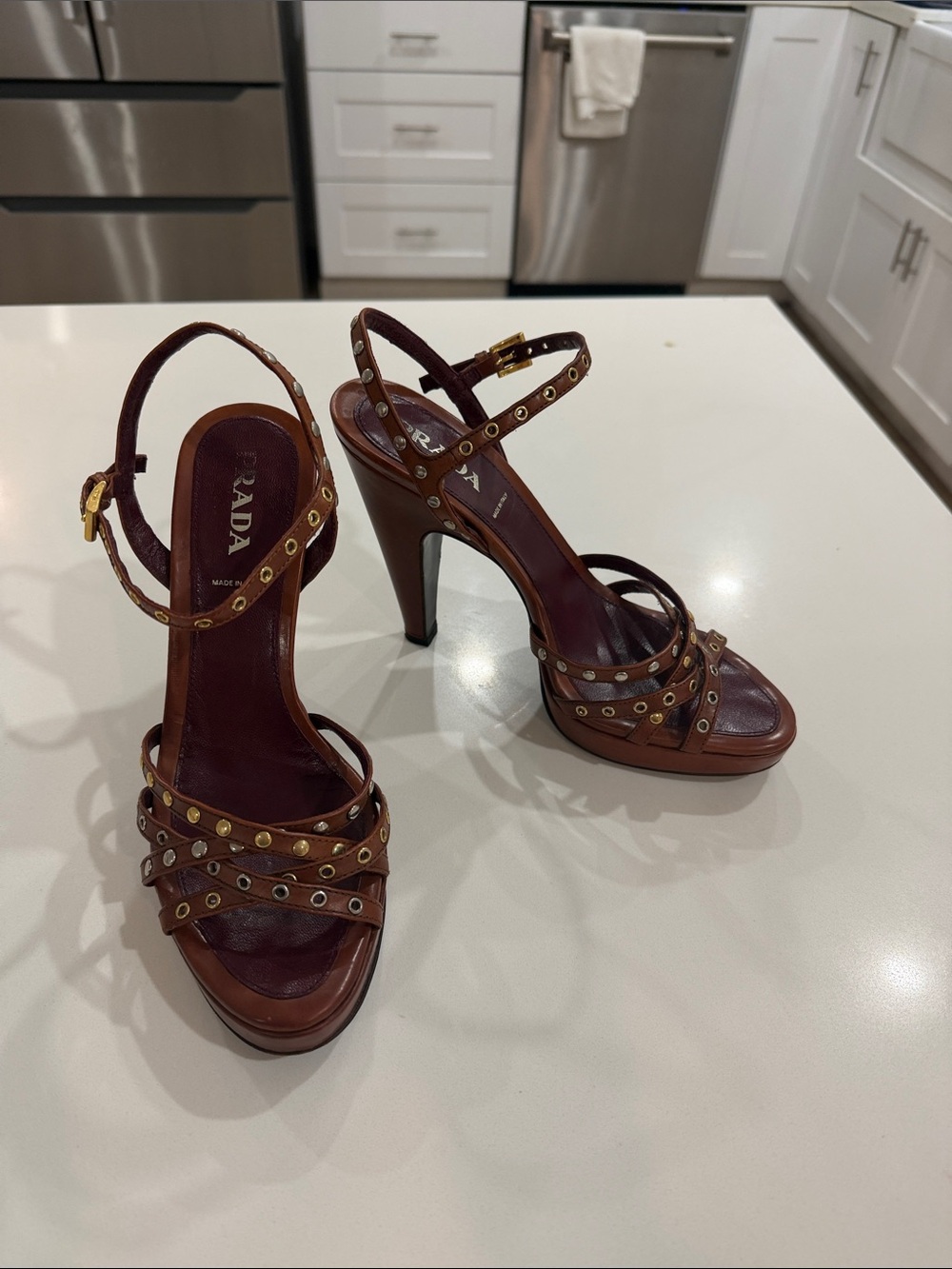 Prada Brown Leather Studded Platform High Heel 👡 vintage Y2K